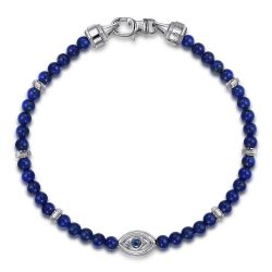 925 Sterling Silver 4mm Lapis and Sapphire Beaded Bracelet with Evil eye