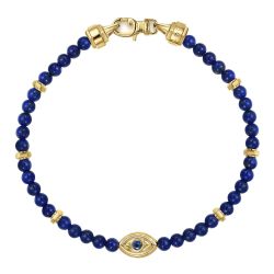 14K Yellow Gold 4mm Lapis and Sapphire Beaded Bracelet with Evil eye