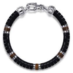925 Sterling Silver Onyx and Tiger Eye Cylinder Beaded Bracelet
