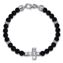 925 Sterling Silver 6mm Matte Onyx Beaded Bracelet with Square Cross