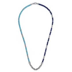925 Sterling Silver Turquoise Cylinder Beads and Round Lapis and White Sapphire with Link Chain Bracelet