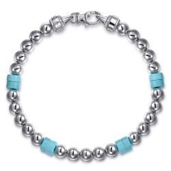 925 Sterling Silver 6mm ball and Turquoise Cylinder Beaded Bracelet