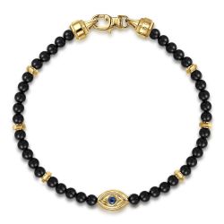 14K Yellow Gold 4mm Onyx and Sapphirel Beaded Bracelet with Evil eye