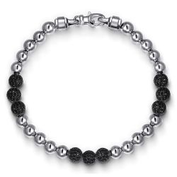 925 Sterling Silver Black Spinel and 6mm Silver Beaded Mens Bracelet