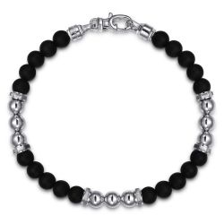 925 Sterling Silver 6mm Matte Onyx bead and 6mm Silver Beaded Mens Bracelet