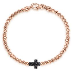 14K Rose Gold 4mm Beaded Mens Bracelet with Black Spinel Cross