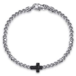 925 Sterling Silver and 4mm Silver Beaded Mens Bracelet with Black Spinel Cross