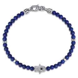 925 Sterling Silver 4mm Lapis Mens Bracelet with Black Spinel Hamsa