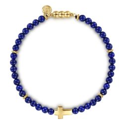 14K Yellow Gold Cross Bracelet with 4mm Lapis Beads