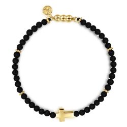 14K Yellow Gold Cross Bracelet with 4mm Matte Onyx Beads