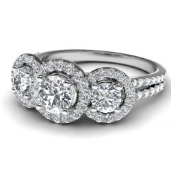 14k White Gold Three Stone Halo Engagement Ring Front View