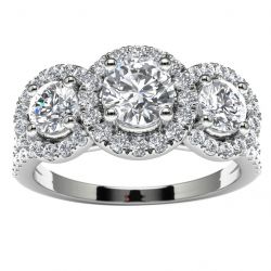 14k White Gold Three Stone Halo Engagement Ring Top View