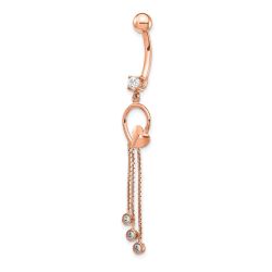 Novelle 14k Rose Gold 14 Gauge CZ Heart 3-Chain Dangle Belly Ring