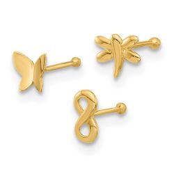 Astra 14K 22 Gauge Polished Infinity Symbol, Dragonfly and Butterfly Nose Stud