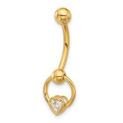 Lyra 14K 14 Gauge Polished CZ Heart Dangle Navel/Belly Ring