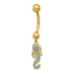 Isolde 14K 14 Gauge Polished Blue CZ Seahorse Dangle Navel/Belly Ring