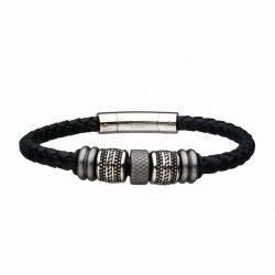 Black Braided Leather with Steel Beads Bracelet
