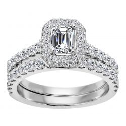 14k White Gold Emerald Cut Diamond Halo Engagement Set