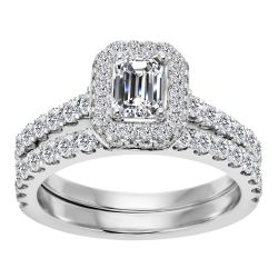 14k White Gold Emerald Cut Diamond Halo Engagement Set