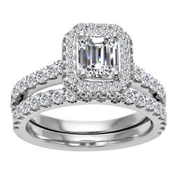 14k White Gold 2.50ctw Emerald Cut Halo Engagement Set