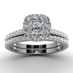14k White Gold Princess Diamond Halo Engagement Set Top View