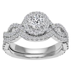 14k White Gold Diamond Infinity Halo Engagement Set Top View