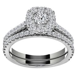 14k White Gold Halo Diamond Engagement Set Top View