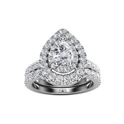 14k White Gold Halo Diamond Engagement Set Top View