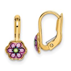 Turtle Bug 14K Children's Enamel Flower Leverback Earrings