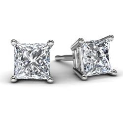 White Gold 1.0 TDW Princess Diamond Earrings Front View