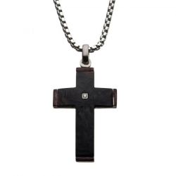 Solid Carbon Cross Pendant with 1.5mm Genuine Diamond Front View