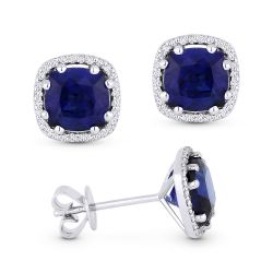 Front and side view created blue sapphire and diamond stud earrings
