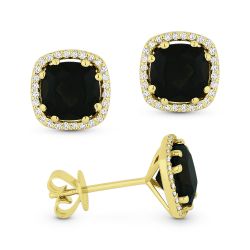 Front and side view black onyx and diamond stud earrings yellow gold
