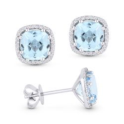 Front and side view blue topaz and diamond stud earrings
