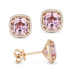 Front and side view created morganite and diamond stud earrings rose gold