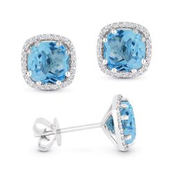 Front and side view london blue topaz and diamond stud earrings