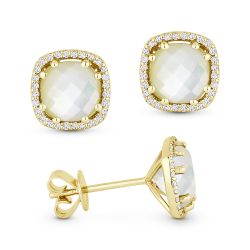 Front and side view mother of pearl and diamond stud earrings