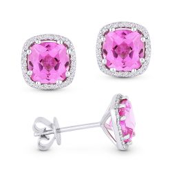 Front and side view created pink sapphire and diamond stud earrings