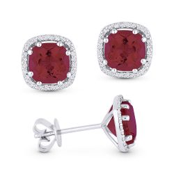 Front and side view ruby and diamond stud earrings