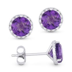Front and side view amethyst and diamond stud earrings