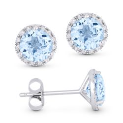 Front and side view aquamarine and diamond stud earrings