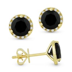 Front and side view black onyx and diamond stud earrings yellow gold