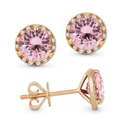 Front and side view created morganite and diamond stud earrings rose gold