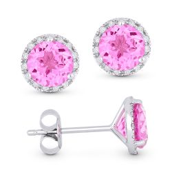 Front and side view created pink sapphire and diamond stud earrings