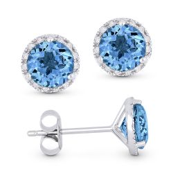 Front and side view swiss blue topaz and diamond stud earrings