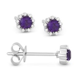Front and side view amethyst and diamond stud earrings