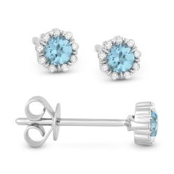 Front and side view blue topaz and diamond stud earrings