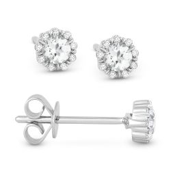 Front and side view whte topaz and diamond stud earrings