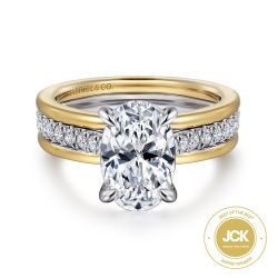 Feah - 14K Yellow-White Gold Wide Band Oval Diamond Semi-Mount Ring