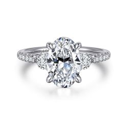 Moon - 14K White Gold Oval Three Stone Lotus Diamond Semi-Mount Ring